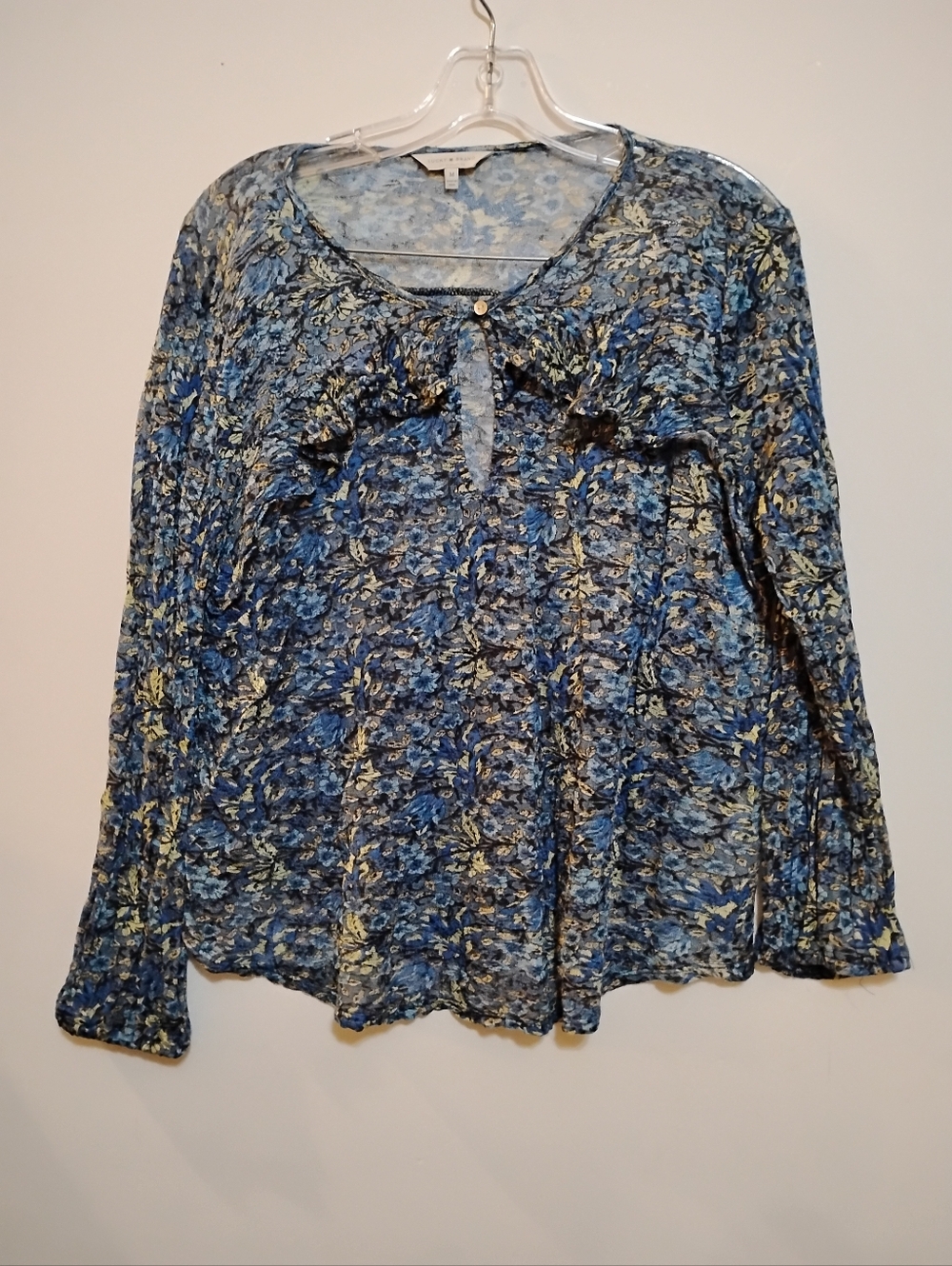 LUCKY BRAND Women’s Blue Floral Long-Sleeve Elastic Ends Ruffles Blouse M